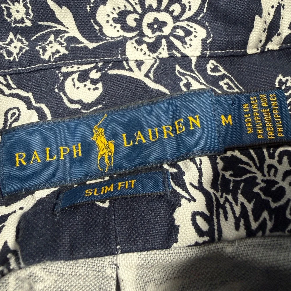 Ralph‎ Lauren Hawaiian Shirt Mens M Navy Blue White Slim Fit Floral Paisley